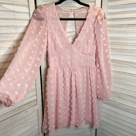 Honey and Rosie Light Pink Swiss Dot Sheer V Neck Long Sleeve Mini Sundress 3 - Picture 1 of 14